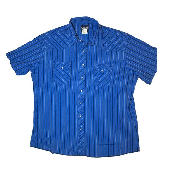 Wrangler Western Shirt Blue Stripe Short Sleeve Pearl Snap Size 2XT - Picture 1 of 6